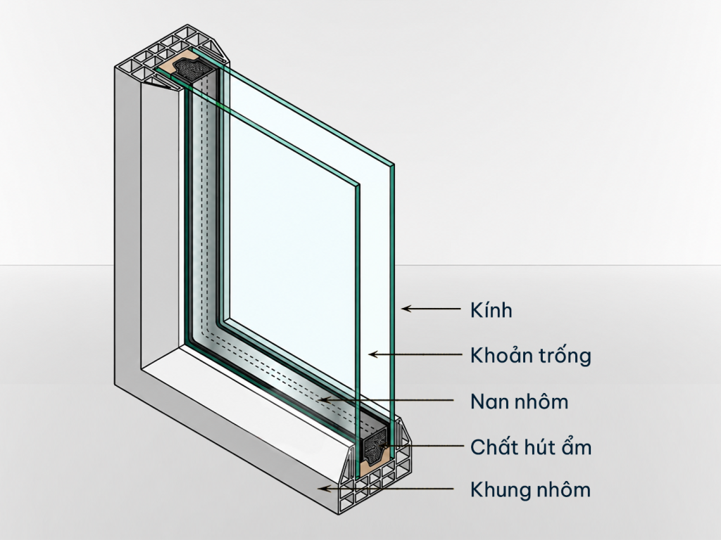 Kính hộp được cấu tạo từ hai hay nhiều lớp kính ghép lại với nhau